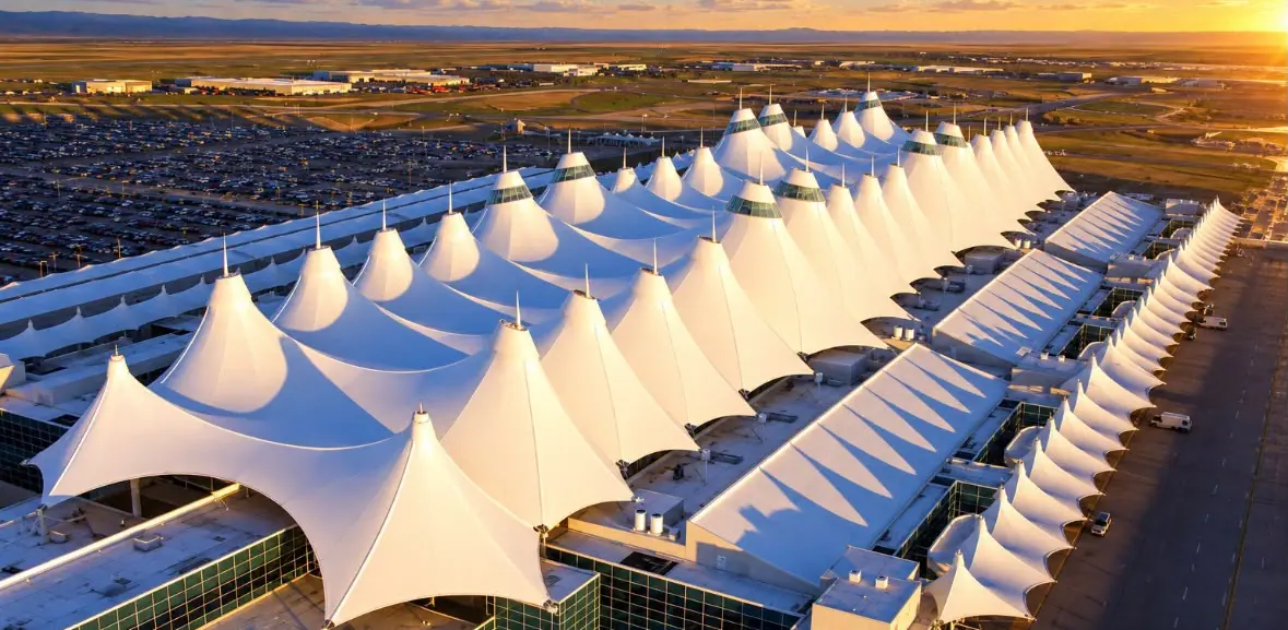 Aerial view of a large white architectural roof formed by tensile membranes