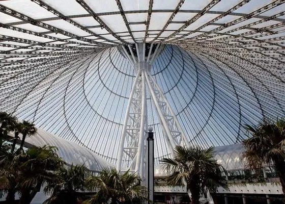 Transparent roof structure over a large indoor space