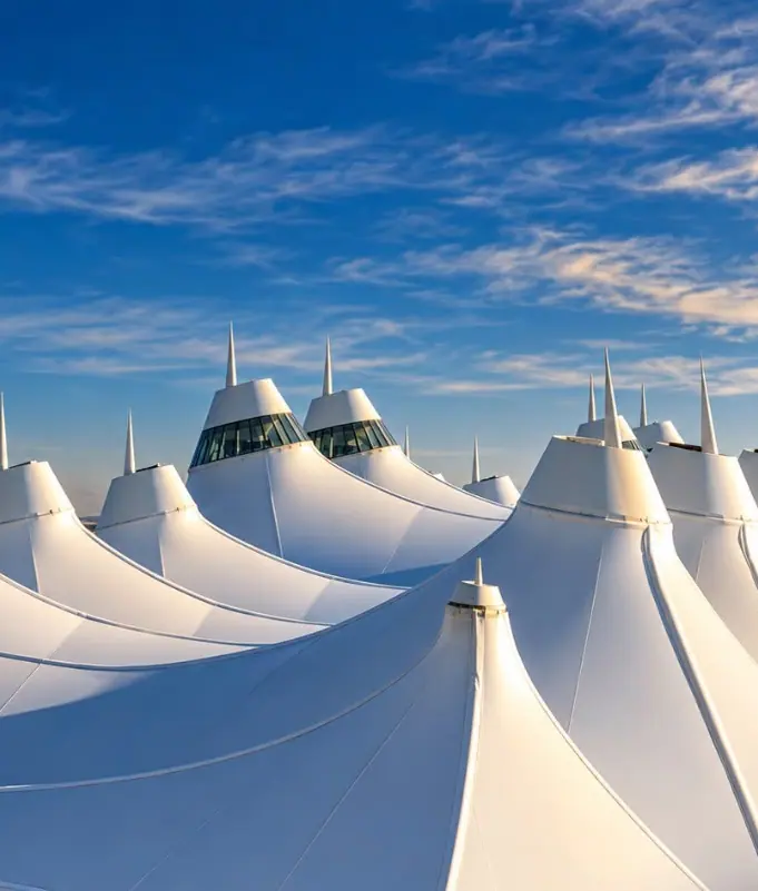 White tensile surfaces and masts of a large roof