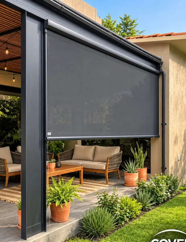 Exterior roller screen integrated into a pergola