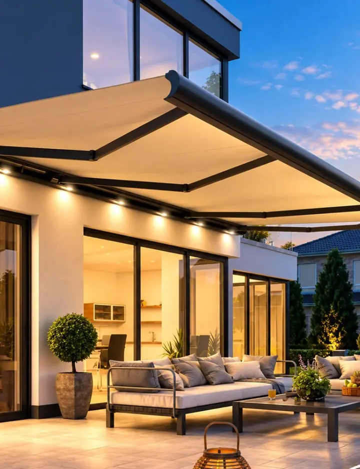 Awning over a terrace lit at dusk