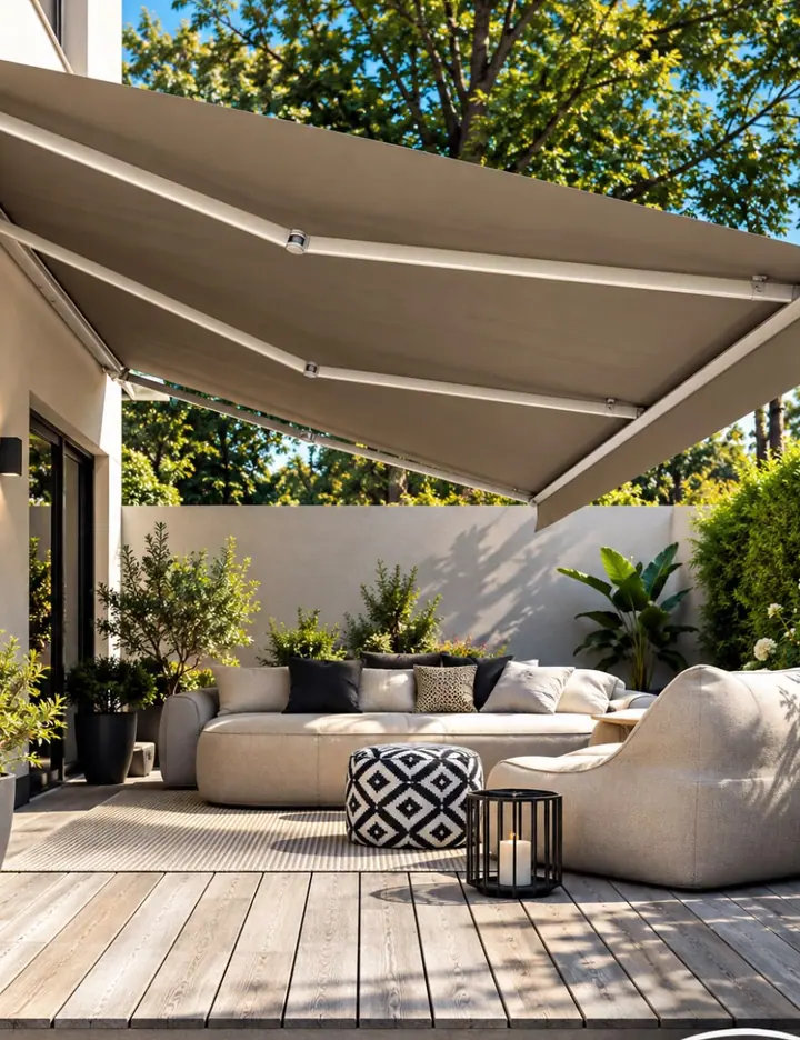 Retractable awning over a furnished outdoor terrace