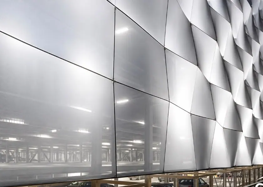 Detail of textile modules on an architectural facade